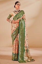 South Indian Green & Cream Contrast Pure Dharmavaram Silk Designer Saree